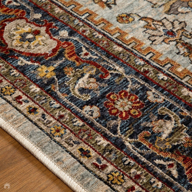 Sarouk 1144 W Traditional Persian Floral Medallion Border Soft-Touch Woven Polyester Flatweave Muted Blue/Cream/Red/Multicolour Rug-Oriental Weavers-Rug Love - The Most Loved Rug Store