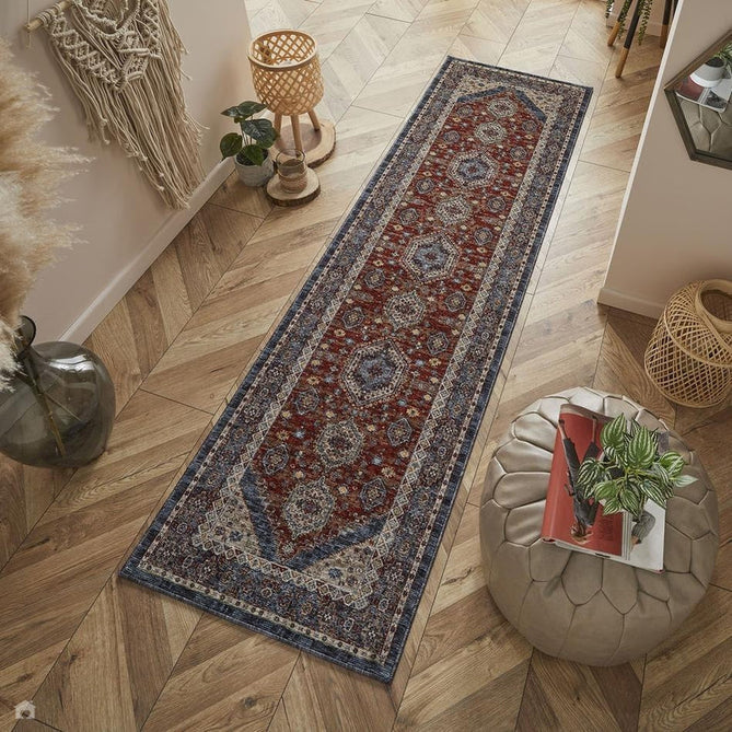 Sarouk 8022 E Traditional Persian Floral Medallion Border Soft-Touch Woven Polyester Flatweave Muted Red/Blue/Cream/Multicolour Rug-Oriental Weavers-Rug Love - The Most Loved Rug Store