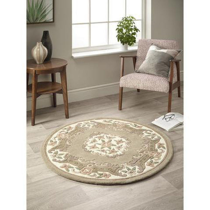 Shensi Traditional Floral Aubusson Medallion Border Oriental Chinese Style Hand-Carved Hi-Low Textured Wool Beige/Brown Round Rug-Origins-Rug Love - The Most Loved Rug Store