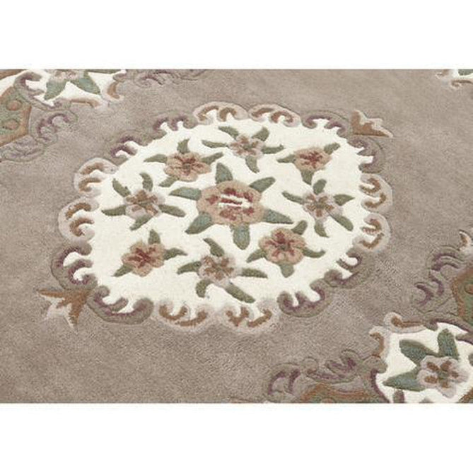 Shensi Traditional Floral Aubusson Medallion Border Oriental Chinese Style Hand-Carved Hi-Low Textured Wool Beige/Brown Round Rug-Origins-Rug Love - The Most Loved Rug Store