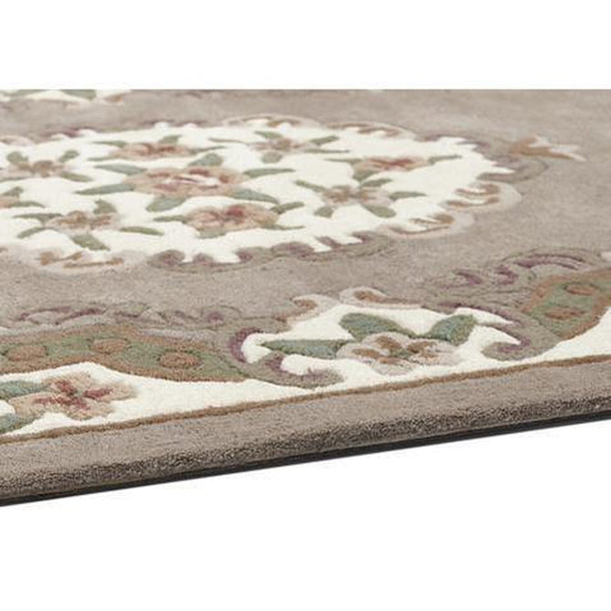 Shensi Traditional Floral Aubusson Medallion Border Oriental Chinese Style Hand-Carved Hi-Low Textured Wool Beige/Brown Round Rug-Origins-Rug Love - The Most Loved Rug Store