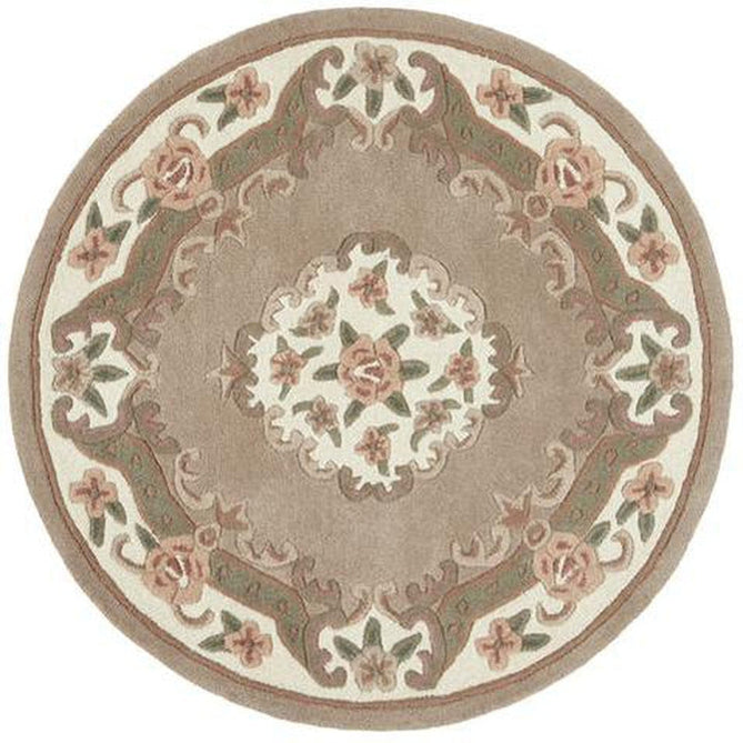 Shensi Traditional Floral Aubusson Medallion Border Oriental Chinese Style Hand-Carved Hi-Low Textured Wool Beige/Brown Round Rug-Origins-Rug Love - The Most Loved Rug Store