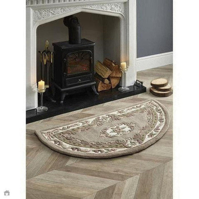 Buy Origins Shensi Traditional Floral Aubusson Medallion Border Oriental Chinese Style Hand-Carved Hi-Low Textured Wool Beige/Brown Semi-Circle Half Moon Hearth Rug Lowest Price | Rug Love