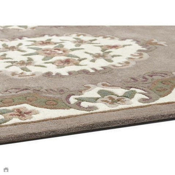 Buy Origins Shensi Traditional Floral Aubusson Medallion Border Oriental Chinese Style Hand-Carved Hi-Low Textured Wool Beige/Brown Semi-Circle Half Moon Hearth Rug Lowest Price | Rug Love