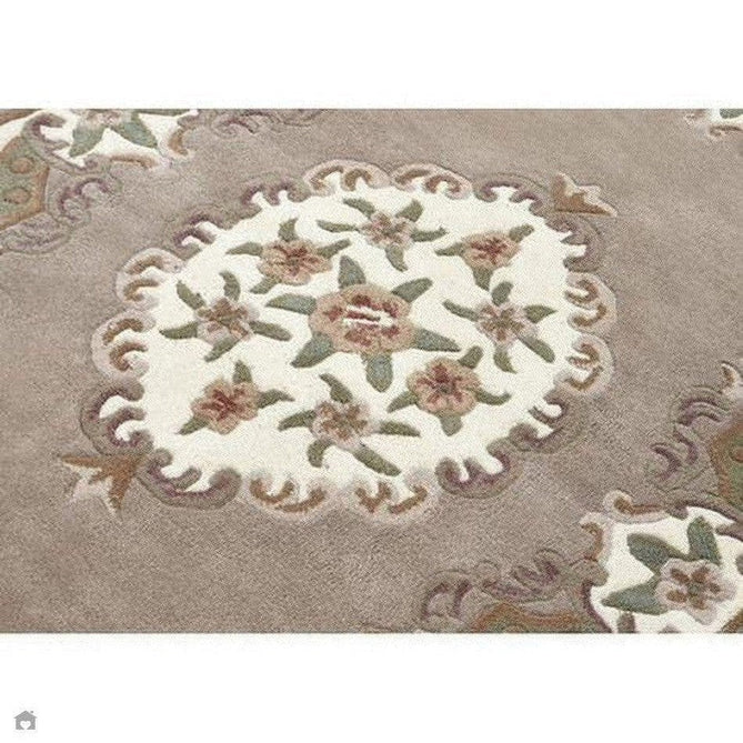 Buy Origins Shensi Traditional Floral Aubusson Medallion Border Oriental Chinese Style Hand-Carved Hi-Low Textured Wool Beige/Brown Semi-Circle Half Moon Hearth Rug Lowest Price | Rug Love