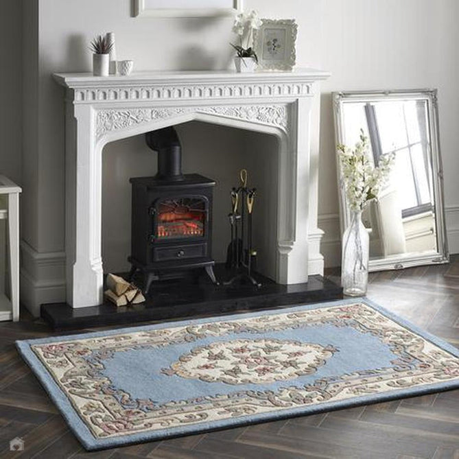 Shensi Traditional Floral Aubusson Medallion Border Oriental Chinese Style Hand-Carved Hi-Low Textured Wool Blue Rug-Origins-Rug Love - The Most Loved Rug Store