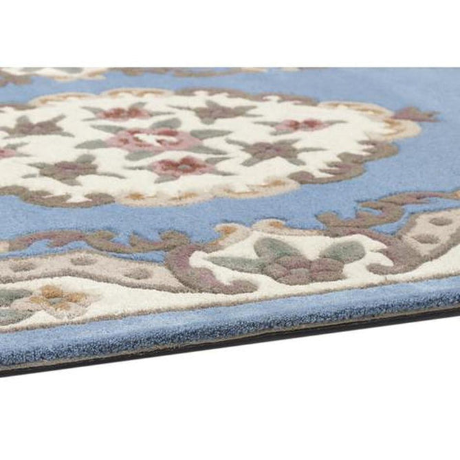 Shensi Traditional Floral Aubusson Medallion Border Oriental Chinese Style Hand-Carved Hi-Low Textured Wool Blue Rug-Origins-Rug Love - The Most Loved Rug Store