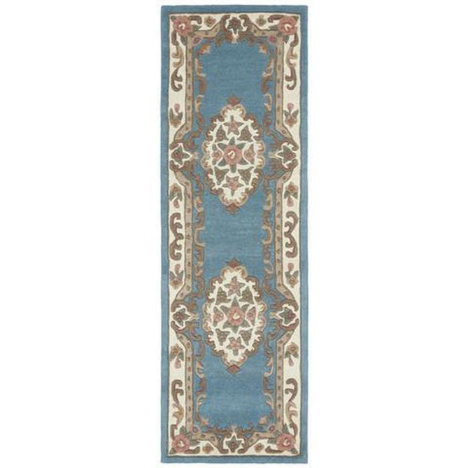 Shensi Traditional Floral Aubusson Medallion Border Oriental Chinese Style Hand-Carved Hi-Low Textured Wool Blue Rug-Origins-Rug Love - The Most Loved Rug Store