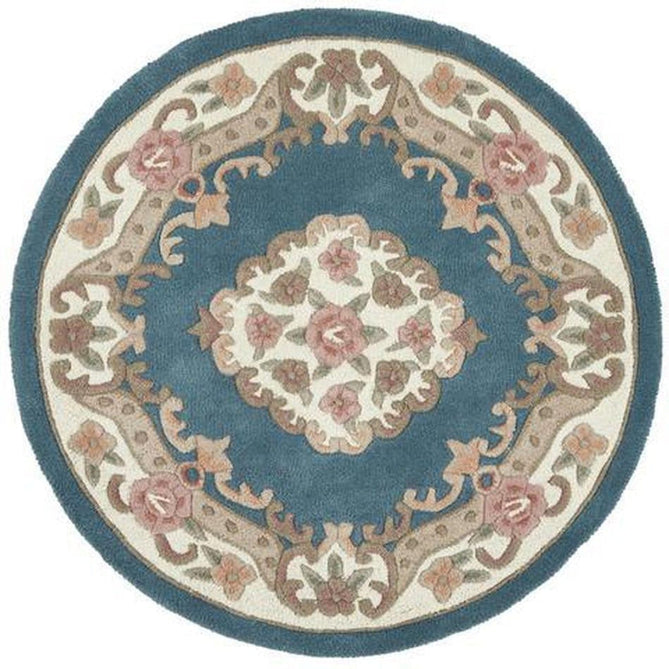 Shensi Traditional Floral Aubusson Medallion Border Oriental Chinese Style Hand-Carved Hi-Low Textured Wool Blue Rug-Origins-Rug Love - The Most Loved Rug Store