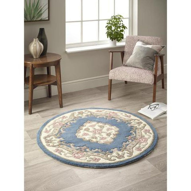 Shensi Traditional Floral Aubusson Medallion Border Oriental Chinese Style Hand-Carved Hi-Low Textured Wool Blue Rug-Origins-Rug Love - The Most Loved Rug Store