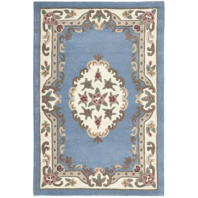 Shensi Traditional Floral Aubusson Medallion Border Oriental Chinese Style Hand-Carved Hi-Low Textured Wool Blue Rug-Origins-Rug Love - The Most Loved Rug Store