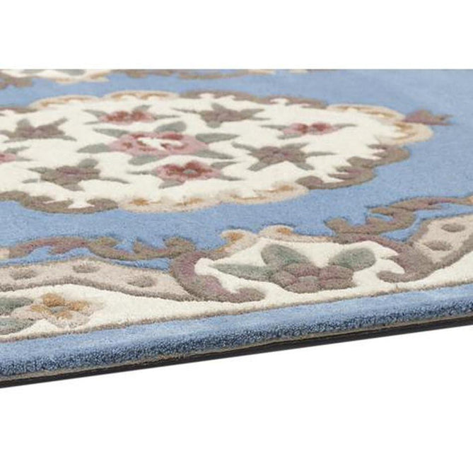 Shensi Traditional Floral Aubusson Medallion Border Oriental Chinese Style Hand-Carved Hi-Low Textured Wool Blue Runner-Origins-Rug Love - The Most Loved Rug Store