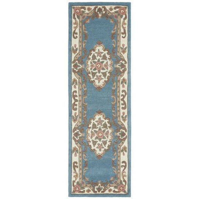 Shensi Traditional Floral Aubusson Medallion Border Oriental Chinese Style Hand-Carved Hi-Low Textured Wool Blue Runner-Origins-Rug Love - The Most Loved Rug Store