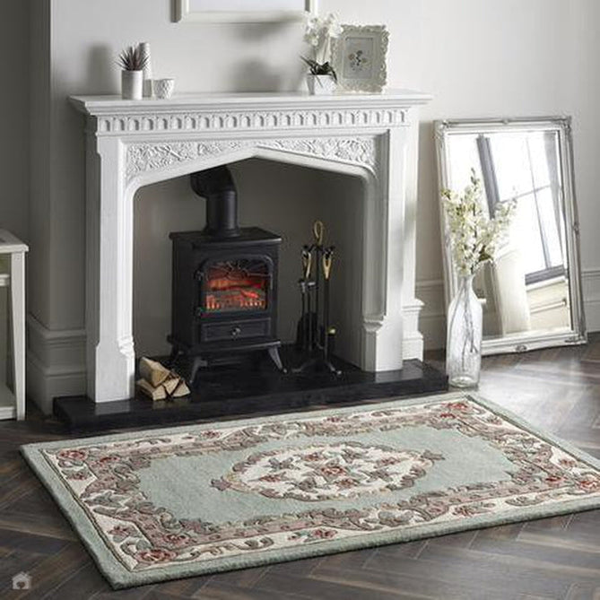 Shensi Traditional Floral Aubusson Medallion Border Oriental Chinese Style Hand-Carved Hi-Low Textured Wool Green Rug-Origins-Rug Love - The Most Loved Rug Store