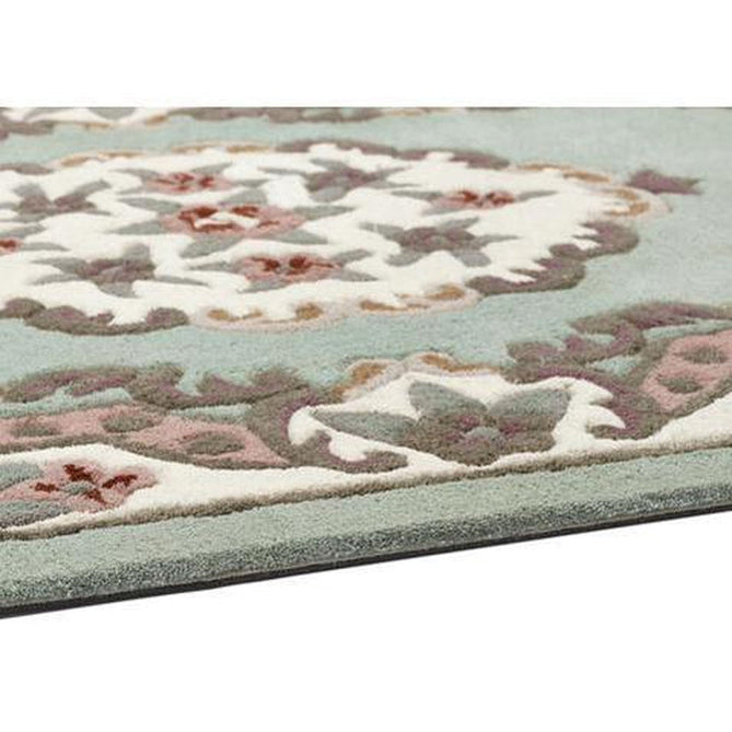 Shensi Traditional Floral Aubusson Medallion Border Oriental Chinese Style Hand-Carved Hi-Low Textured Wool Green Rug-Origins-Rug Love - The Most Loved Rug Store