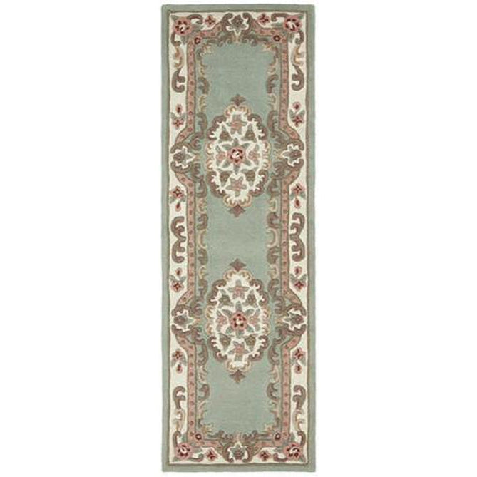 Shensi Traditional Floral Aubusson Medallion Border Oriental Chinese Style Hand-Carved Hi-Low Textured Wool Green Rug-Origins-Rug Love - The Most Loved Rug Store