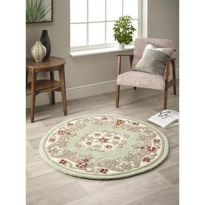 Shensi Traditional Floral Aubusson Medallion Border Oriental Chinese Style Hand-Carved Hi-Low Textured Wool Green Rug-Origins-Rug Love - The Most Loved Rug Store