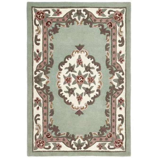 Shensi Traditional Floral Aubusson Medallion Border Oriental Chinese Style Hand-Carved Hi-Low Textured Wool Green Rug-Origins-Rug Love - The Most Loved Rug Store