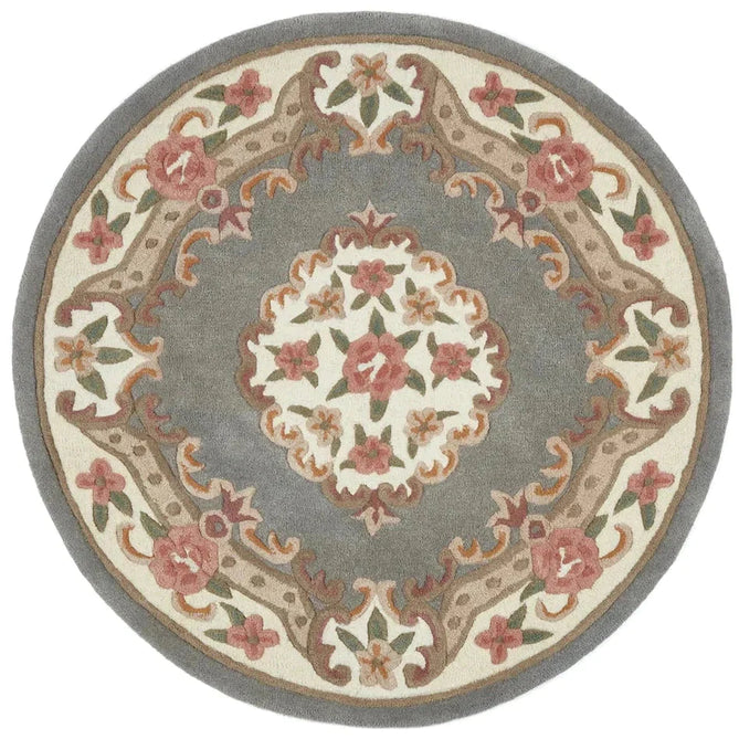 Shensi Traditional Floral Aubusson Medallion Border Oriental Chinese Style Hand-Carved Hi-Low Textured Wool Grey Round Rug-Origins-Rug Love - The Most Loved Rug Store