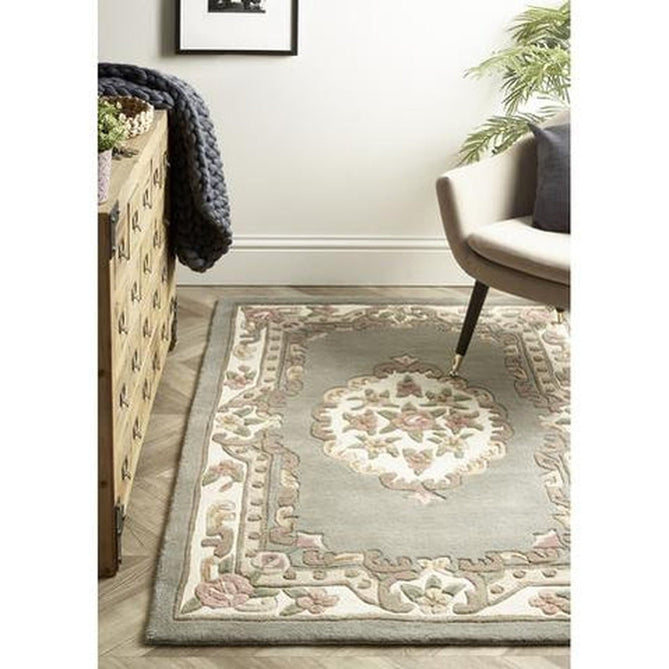 Shensi Traditional Floral Aubusson Medallion Border Oriental Chinese Style Hand-Carved Hi-Low Textured Wool Grey Rug-Origins-Rug Love - The Most Loved Rug Store