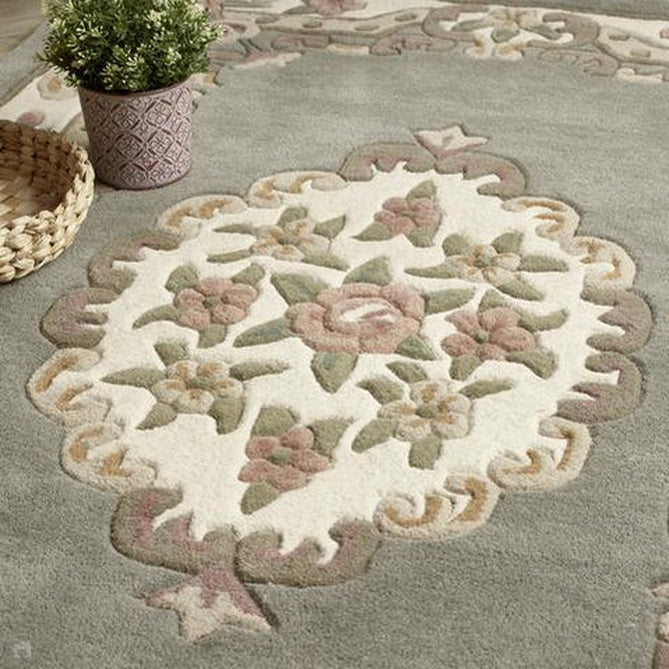 Shensi Traditional Floral Aubusson Medallion Border Oriental Chinese Style Hand-Carved Hi-Low Textured Wool Grey Rug-Origins-Rug Love - The Most Loved Rug Store