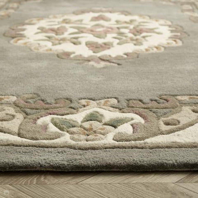 Shensi Traditional Floral Aubusson Medallion Border Oriental Chinese Style Hand-Carved Hi-Low Textured Wool Grey Rug-Origins-Rug Love - The Most Loved Rug Store