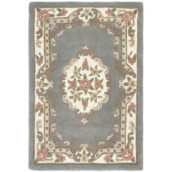 Shensi Traditional Floral Aubusson Medallion Border Oriental Chinese Style Hand-Carved Hi-Low Textured Wool Grey Rug-Origins-Rug Love - The Most Loved Rug Store