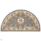 Shensi Traditional Floral Aubusson Medallion Border Oriental Chinese Style Hand-Carved Hi-Low Textured Wool Grey Semi-Circle Half Moon Hearth Rug