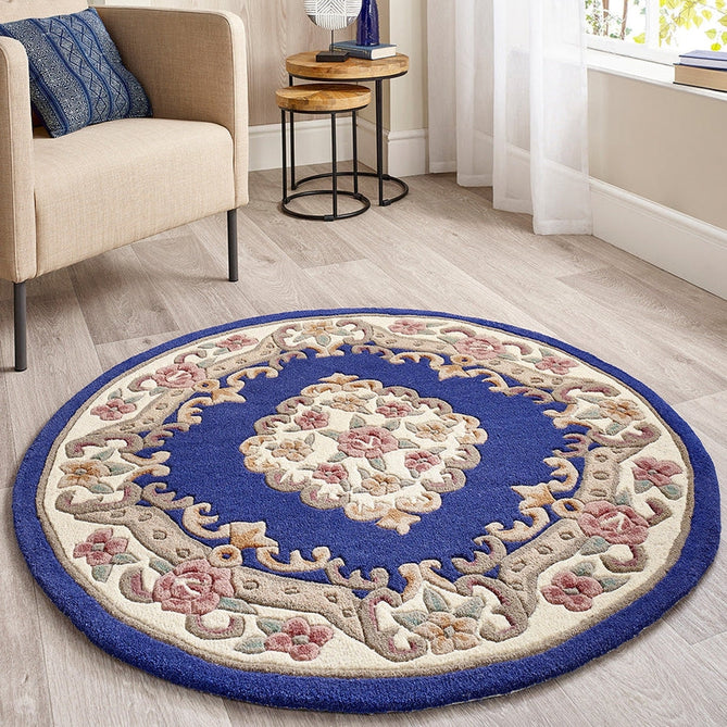 Shensi Traditional Floral Aubusson Medallion Border Oriental Chinese Style Hand-Carved Hi-Low Textured Wool Navy Round Rug-Origins-Rug Love - The Most Loved Rug Store