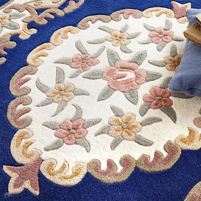 Shensi Traditional Floral Aubusson Medallion Border Oriental Chinese Style Hand-Carved Hi-Low Textured Wool Navy Runner-Origins-Rug Love - The Most Loved Rug Store