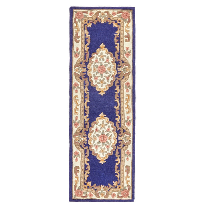 Shensi Traditional Floral Aubusson Medallion Border Oriental Chinese Style Hand-Carved Hi-Low Textured Wool Navy Runner-Origins-Rug Love - The Most Loved Rug Store