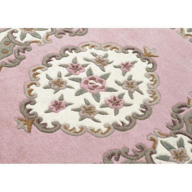 Shensi Traditional Floral Aubusson Medallion Border Oriental Chinese Style Hand-Carved Hi-Low Textured Wool Pink Round Rug-Origins-Rug Love - The Most Loved Rug Store