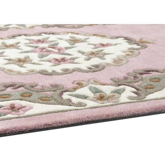 Shensi Traditional Floral Aubusson Medallion Border Oriental Chinese Style Hand-Carved Hi-Low Textured Wool Pink Round Rug-Origins-Rug Love - The Most Loved Rug Store