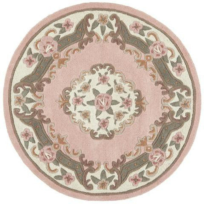 Shensi Traditional Floral Aubusson Medallion Border Oriental Chinese Style Hand-Carved Hi-Low Textured Wool Pink Round Rug-Origins-Rug Love - The Most Loved Rug Store