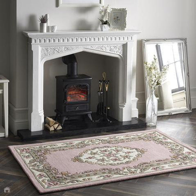 Shensi Traditional Floral Aubusson Medallion Border Oriental Chinese Style Hand-Carved Hi-Low Textured Wool Pink Rug-Origins-Rug Love - The Most Loved Rug Store