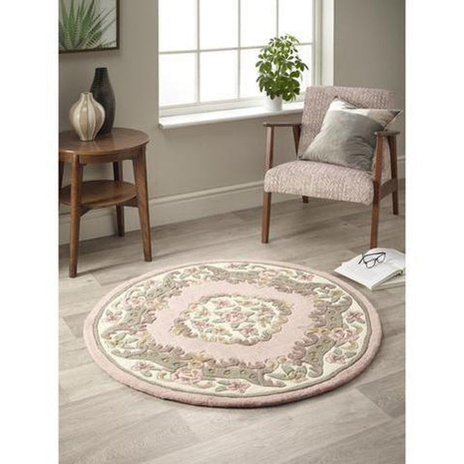 Shensi Traditional Floral Aubusson Medallion Border Oriental Chinese Style Hand-Carved Hi-Low Textured Wool Pink Rug-Origins-Rug Love - The Most Loved Rug Store