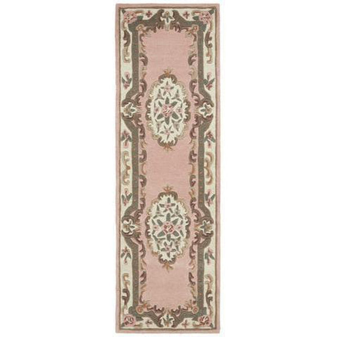 Shensi Traditional Floral Aubusson Medallion Border Oriental Chinese Style Hand-Carved Hi-Low Textured Wool Pink Runner-Origins-Rug Love - The Most Loved Rug Store