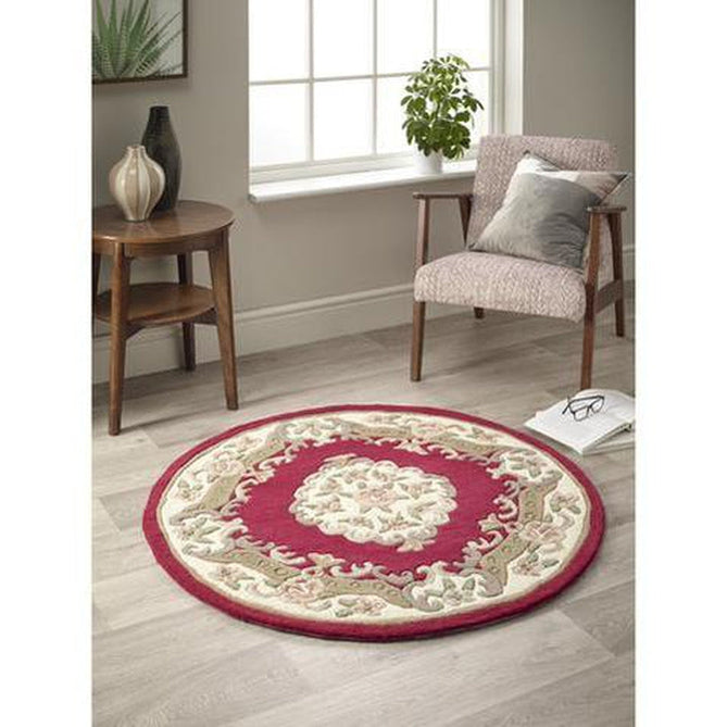 Shensi Traditional Floral Aubusson Medallion Border Oriental Chinese Style Hand-Carved Hi-Low Textured Wool Wine Round Rug-Origins-Rug Love - The Most Loved Rug Store