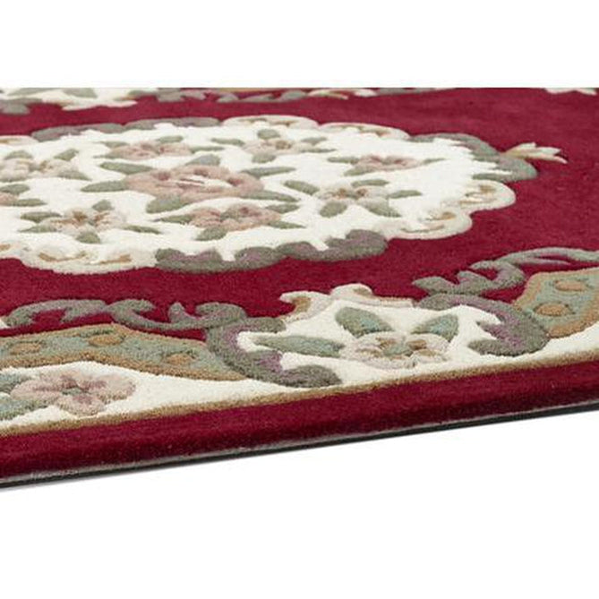 Shensi Traditional Floral Aubusson Medallion Border Oriental Chinese Style Hand-Carved Hi-Low Textured Wool Wine Round Rug-Origins-Rug Love - The Most Loved Rug Store