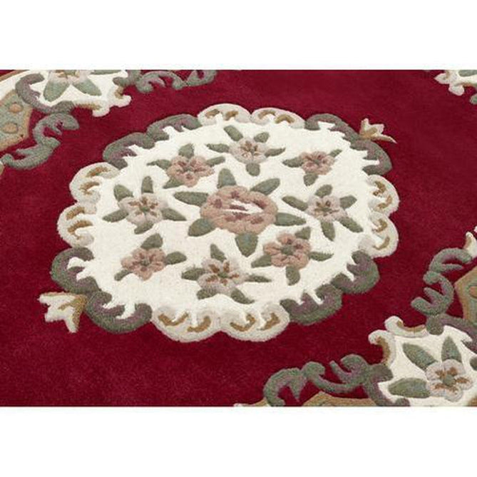 Shensi Traditional Floral Aubusson Medallion Border Oriental Chinese Style Hand-Carved Hi-Low Textured Wool Wine Round Rug-Origins-Rug Love - The Most Loved Rug Store