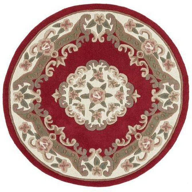 Shensi Traditional Floral Aubusson Medallion Border Oriental Chinese Style Hand-Carved Hi-Low Textured Wool Wine Round Rug-Origins-Rug Love - The Most Loved Rug Store