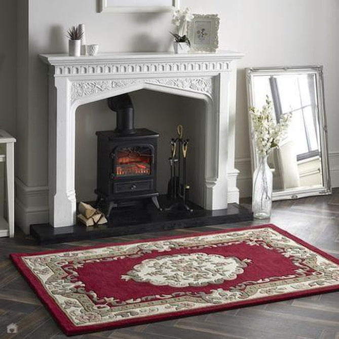 Shensi Traditional Floral Aubusson Medallion Border Oriental Chinese Style Hand-Carved Hi-Low Textured Wool Wine Rug-Origins-Rug Love - The Most Loved Rug Store