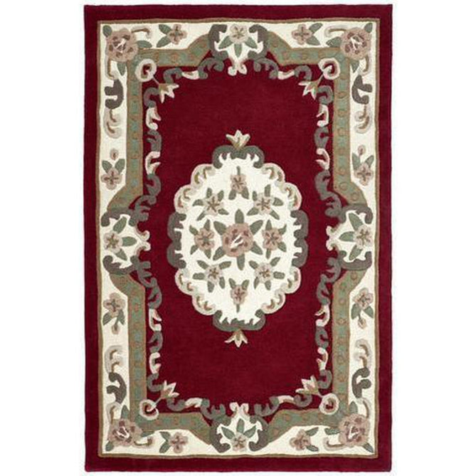 Shensi Traditional Floral Aubusson Medallion Border Oriental Chinese Style Hand-Carved Hi-Low Textured Wool Wine Rug-Origins-Rug Love - The Most Loved Rug Store