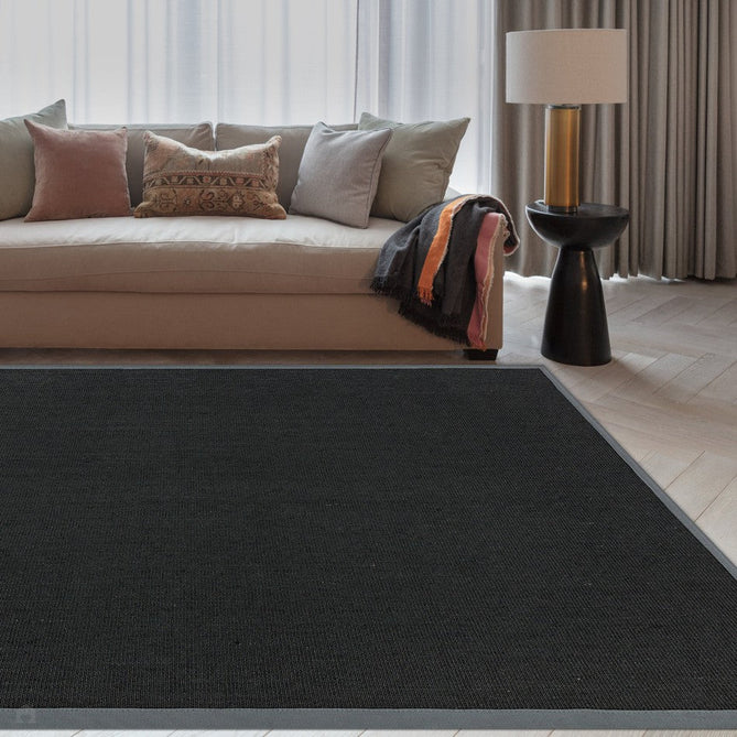 Sisal Cotton Border Plain Natural Fibre Ribbed Textured Flatweave Black/Grey Rug-Asiatic Carpets-Rug Love - The Most Loved Rug Store