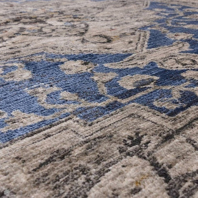 Sovereign Traditional Persian Vintage Distressed Shimmer Medallion Border Soft-Touch Ribbed Textured Polyester Low Flat-Pile Blue/Beige Rug-Asiatic Carpets-Rug Love - The Most Loved Rug Store