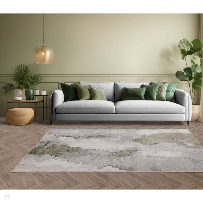 Stellar ST04 Modern Abstract Distressed Metallic Shimmer Hi-Low Textured Smooth Soft-Touch Short Low Pile Green/Grey/Cream Rug-Asiatic Carpets-Rug Love - The Most Loved Rug Store