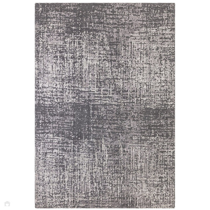 Torino Modern Abstract Distressed Shimmer Tonal Textured Hi-Low Soft Wool Loop & Viscose Flatweave Charcoal Grey/Silver Rug-Asiatic Carpets-Rug Love - The Most Loved Rug Store