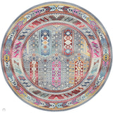 Vintage Kashan VKA06 Traditional Persian Vintage Distressed Shimmer Geometric Lozenge Ornate Border Durable Flatweave Grey/Multicolour Round Rug