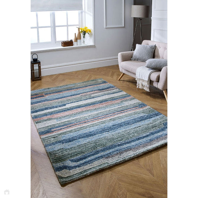 Vista Modern Plain Abstract Stripe Hand-Woven Ribbed Textured Wool Blue/Green/Rust/Multicolour Rug-Oriental Weavers-Rug Love - The Most Loved Rug Store