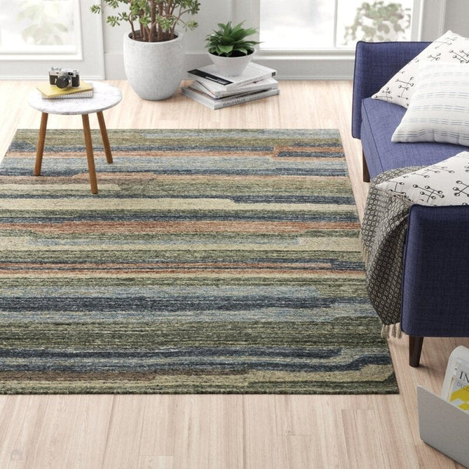 Vista Modern Plain Abstract Stripe Hand-Woven Ribbed Textured Wool Blue/Green/Rust/Multicolour Rug-Oriental Weavers-Rug Love - The Most Loved Rug Store